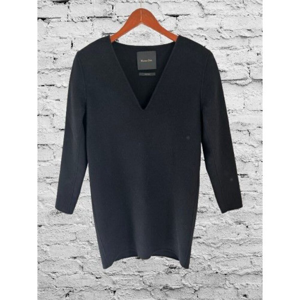 Massimo Dutti Wool Black Tunic Dresses V-Neck Shoulder Pads Size Small